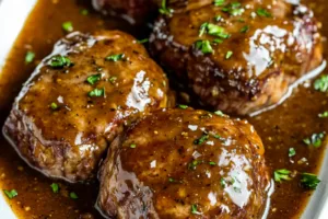 Slow Cooker Salisbury Steak Easy Comforting Dinner SLOW COOKER SALISBURY STEAK centered hero view, clean and uncluttered