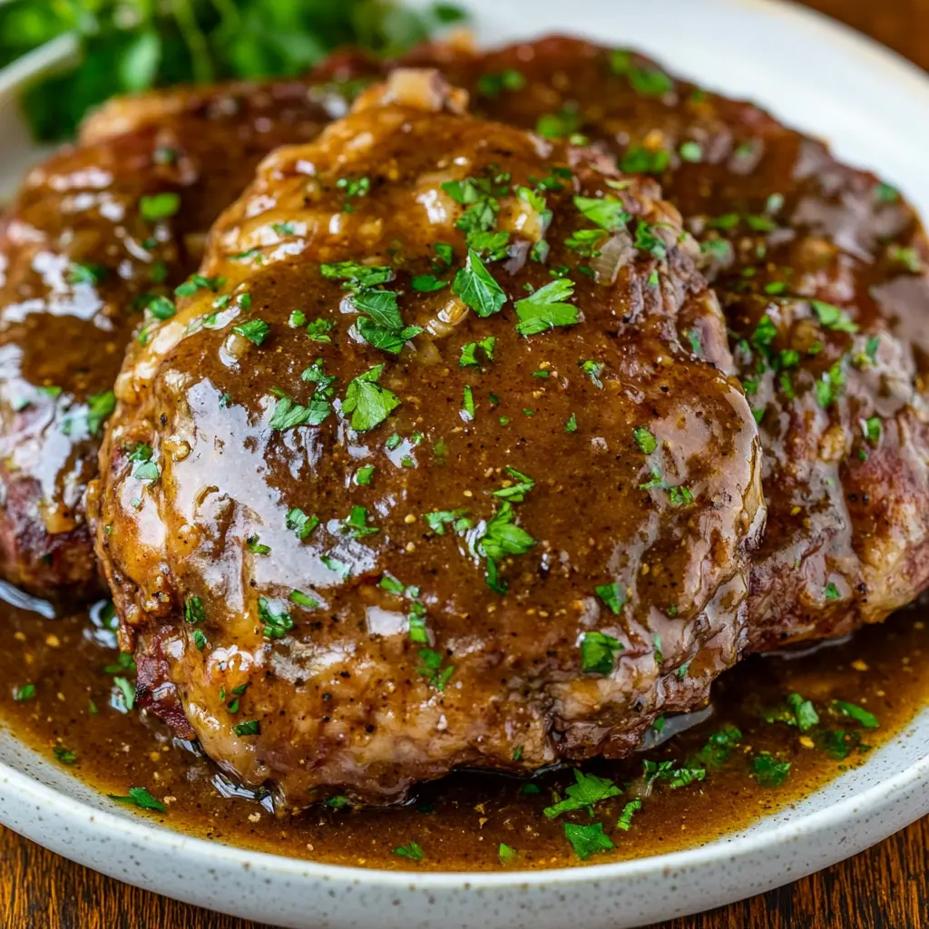 Slow Cooker Salisbury Steak Easy Comforting Dinner 3 SLOW COOKER SALISBURY STEAK centered hero view, clean and uncluttered