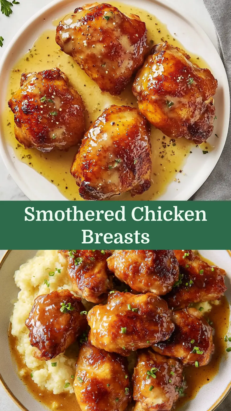 Smothered Chicken Breasts Easy Cozy Weeknight Dinner 4 SMOTHERED CHICKEN BREASTS centered hero view, clean and uncluttered