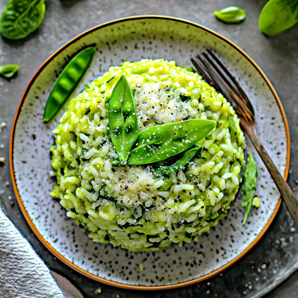 Spring pea risotto in a bowl with fresh peas and mint garnish