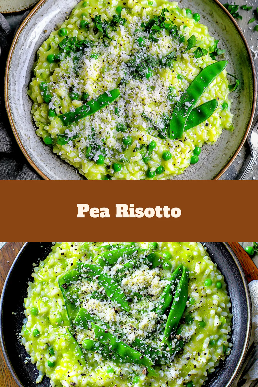 Spring pea risotto recipe pinterest pin with finished dish