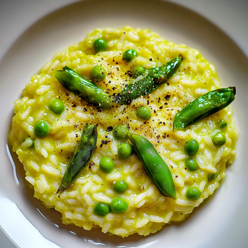 Spring risotto with asparagus and peas centered hero view, clean and uncluttered