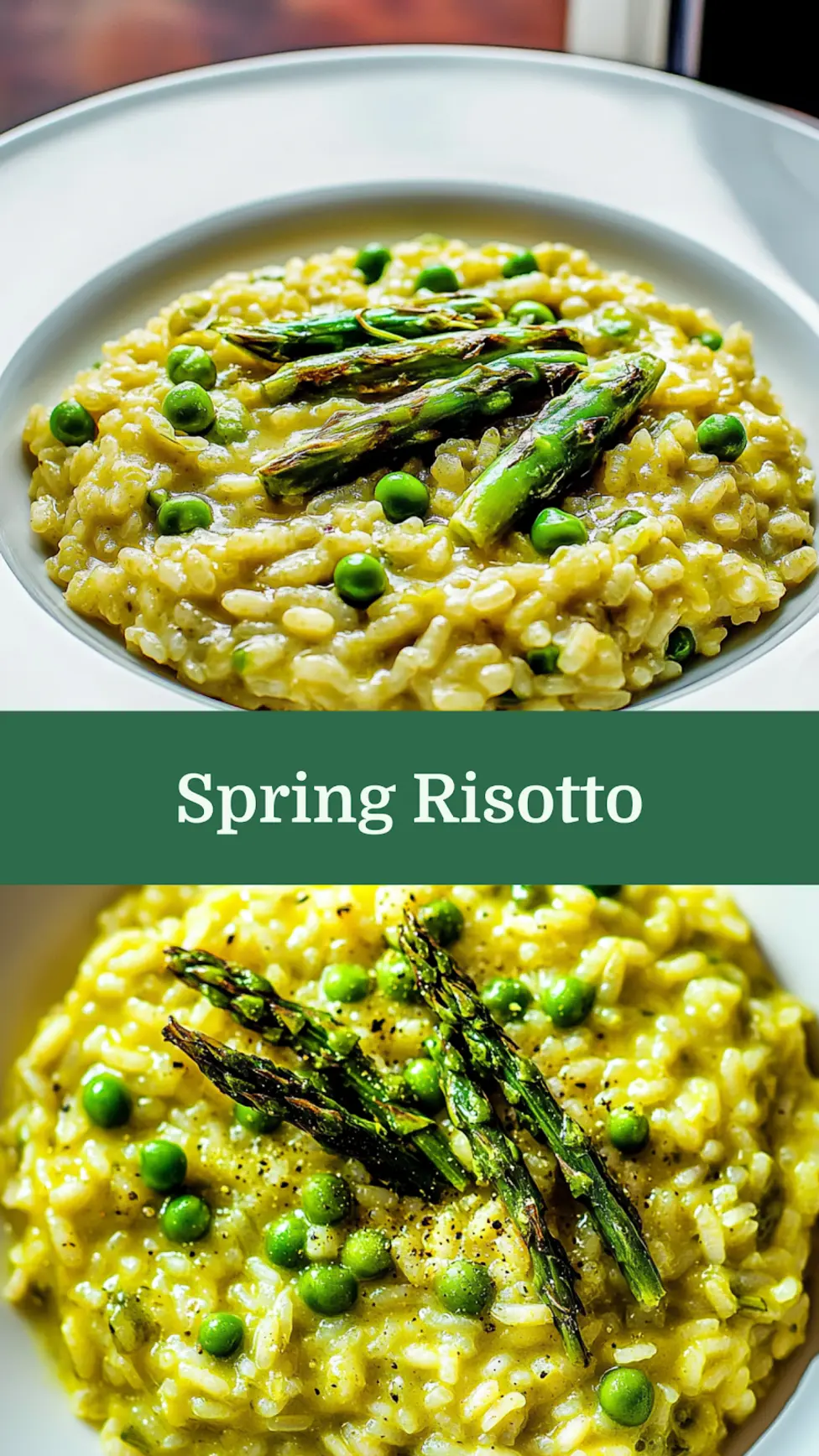 Spring risotto with asparagus and peas centered hero view, clean and uncluttered