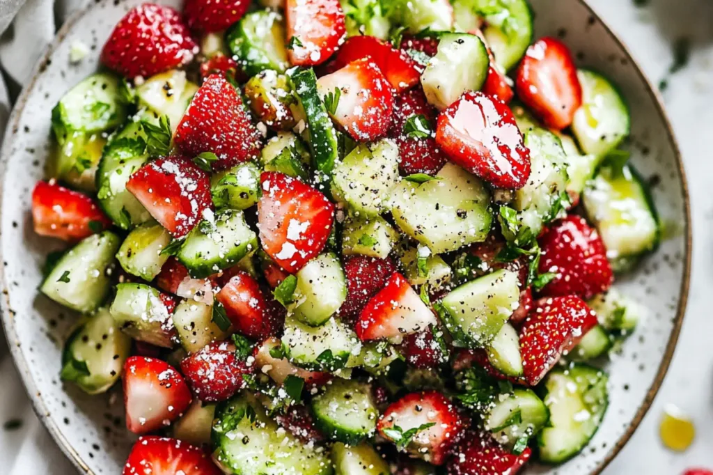 STRAWBERRY CUCUMBER SALAD centered hero view, clean and uncluttered