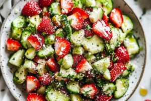 Strawberry Cucumber Salad Easy Fresh Spring Dinner STRAWBERRY CUCUMBER SALAD centered hero view, clean and uncluttered