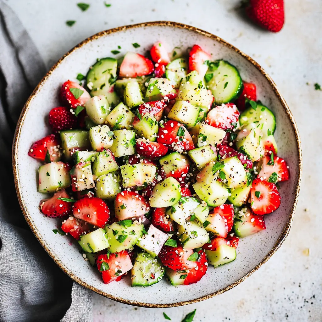Strawberry cucumber salad in a white bowl with fresh feta and herbs