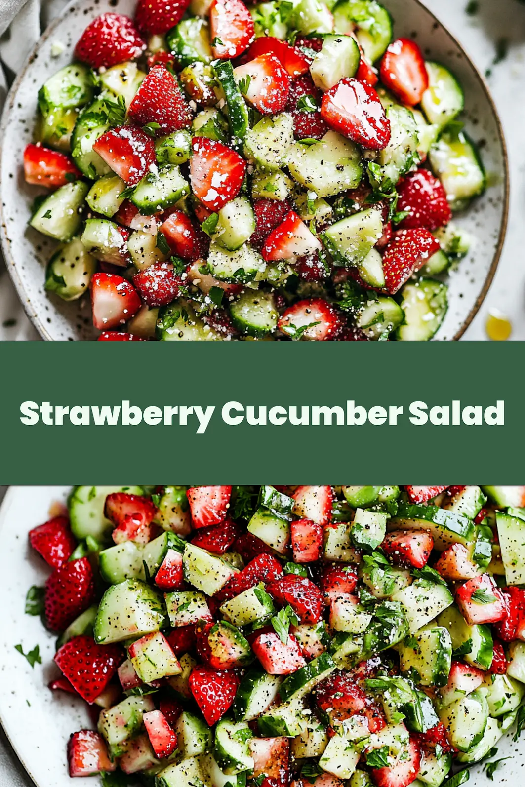 Strawberry cucumber salad styled for Pinterest with visible feta and fresh herbs