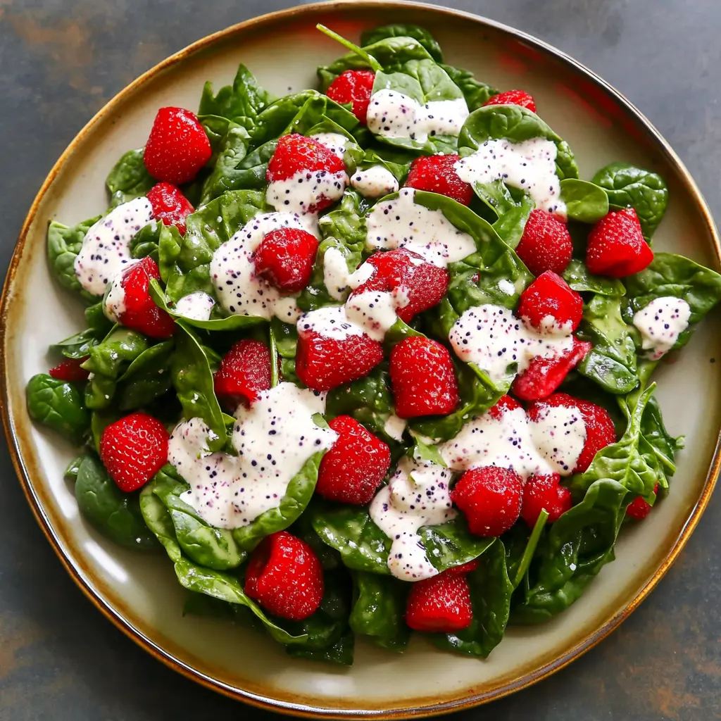 Strawberry Spinach Salad with Poppy Seed Dressing Easy Fresh Weeknight Meal 3 Strawberry Spinach Salad with Poppy Seed Dressing centered hero view, clean and uncluttered