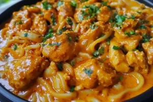 THAI INSPIRED COCONUT RED CURRY CHICKEN UDON centered hero view, clean and uncluttered