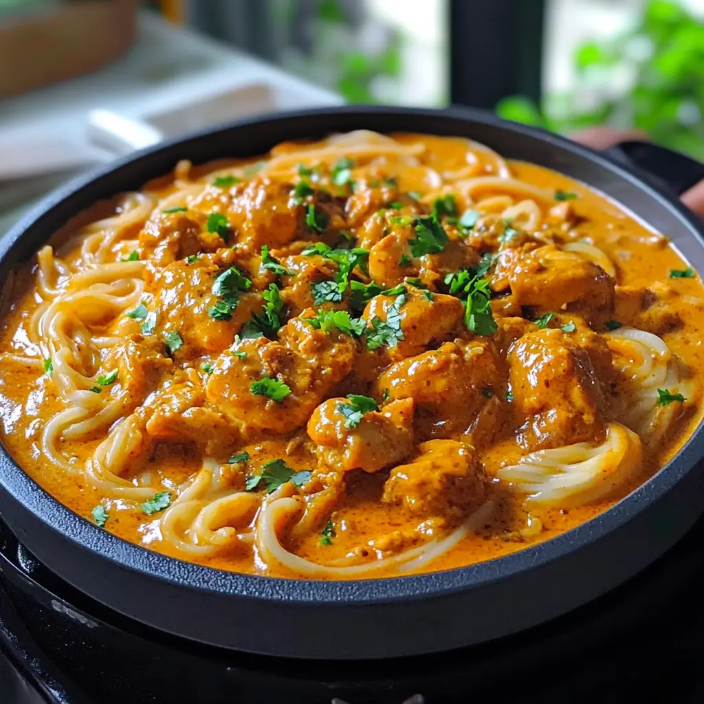 THAI INSPIRED COCONUT RED CURRY CHICKEN UDON centered hero view, clean and uncluttered