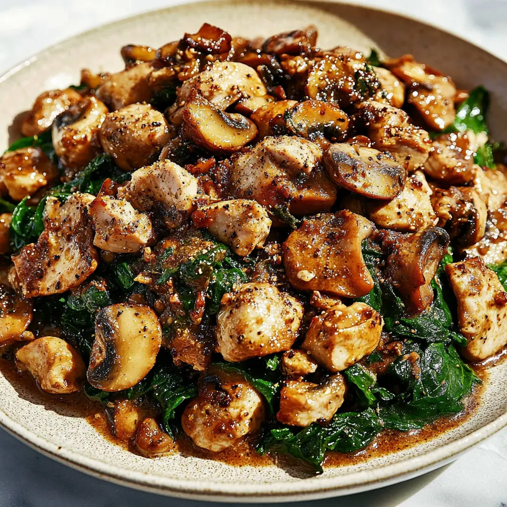 Turkey spinach mushroom skillet centered hero view, clean and uncluttered