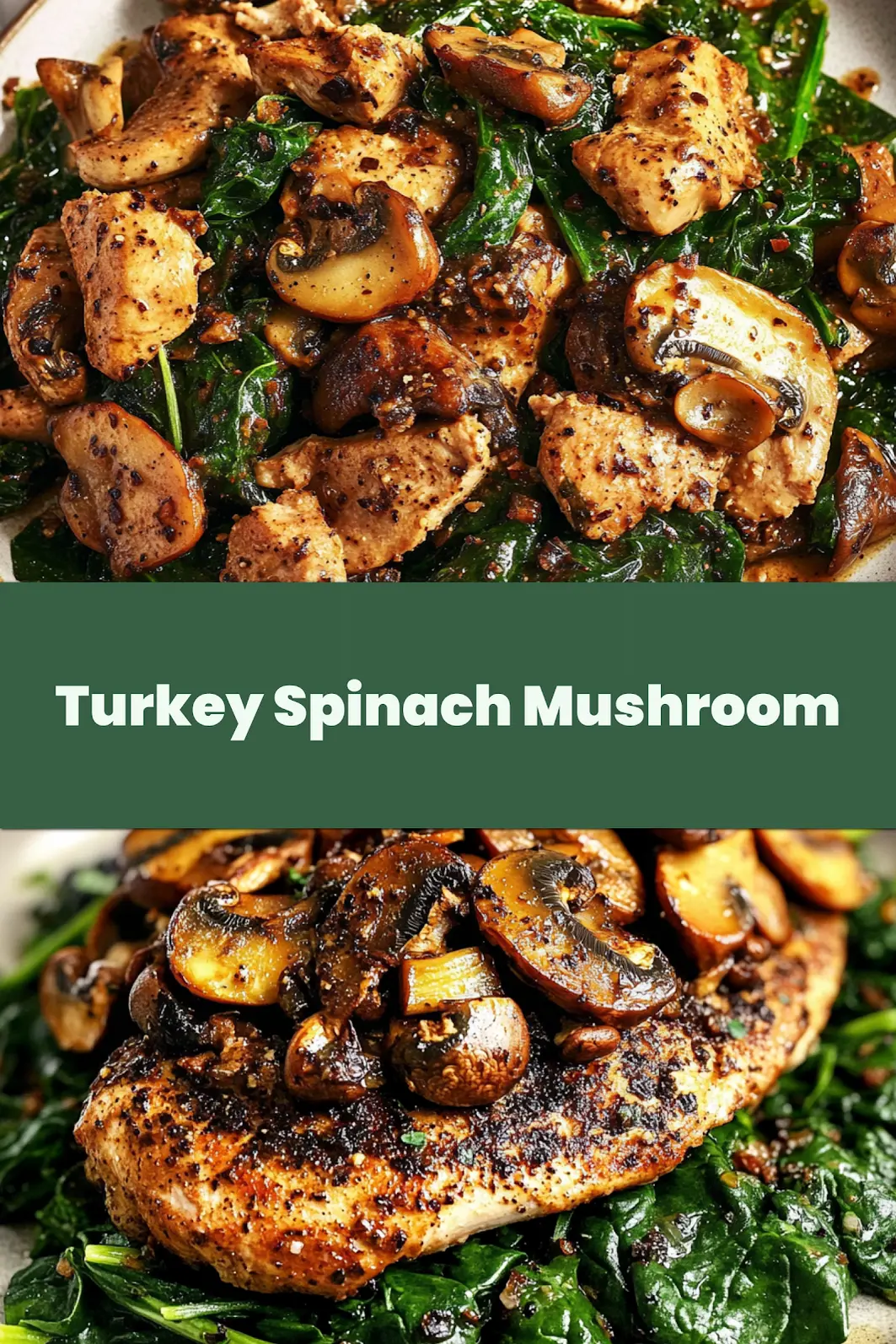 Turkey spinach mushroom skillet centered hero view, clean and uncluttered