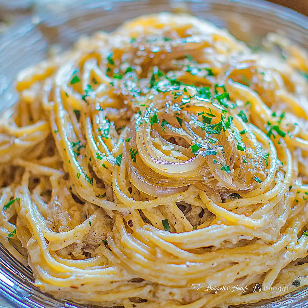 Caramelized Onion Pasta Cozy Simple Weeknight Dinner 3 Caramelized onion pasta served and ready to eat, easy homemade dinner
