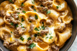 ONE PAN CHEESY BEEF SHELLS recipe, served and ready to eat, easy homemade dinner