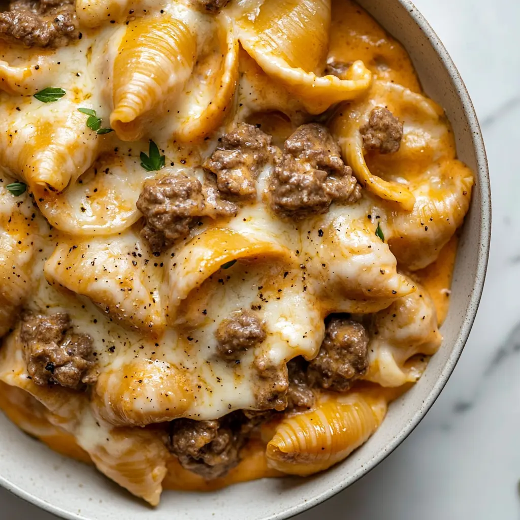 One Pan Cheesy Beef Shells Comforting Easy Weeknight Winner 3 One Pan Cheesy Beef Shells served in skillet, creamy cheese sauce coating tender pasta shells with seasoned ground beef