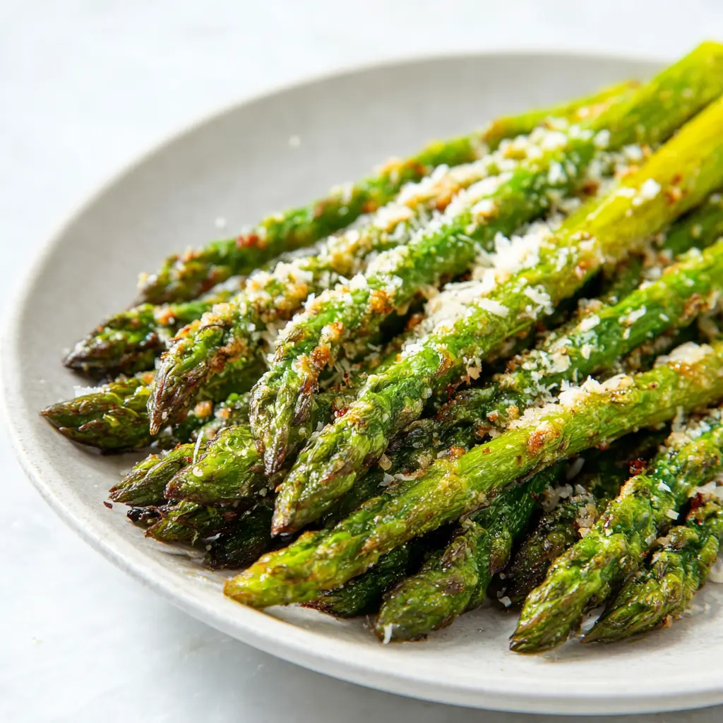 Air Fryer Asparagus Parmesan recipe, served and ready to eat, easy homemade dinner