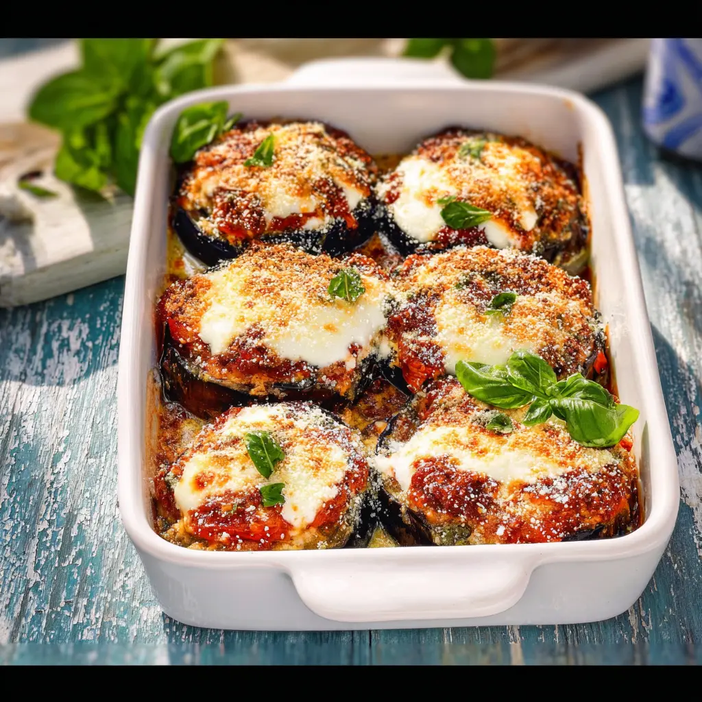 BAKED EGGPLANT PARMESAN recipe, served and ready to eat, easy homemade dinner