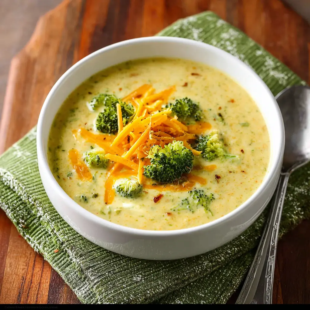 Broccoli Cheddar Soup recipe, served and ready to eat, easy homemade dinner