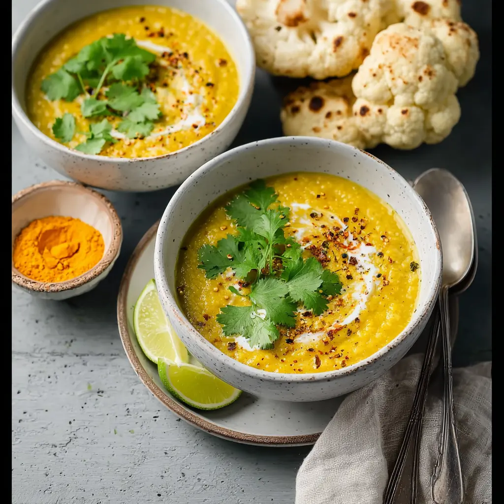 Cauliflower Turmeric Anti Inflammatory Soup recipe, served and ready to eat, easy homemade dinner