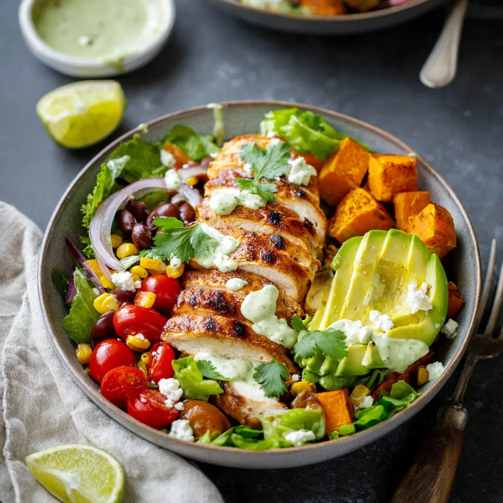 Chicken Sweet Potato Bowl recipe, served and ready to eat, easy homemade dinner