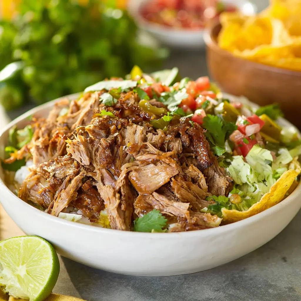 Chipotle Carnitas Bowl recipe, served and ready to eat, easy homemade dinner