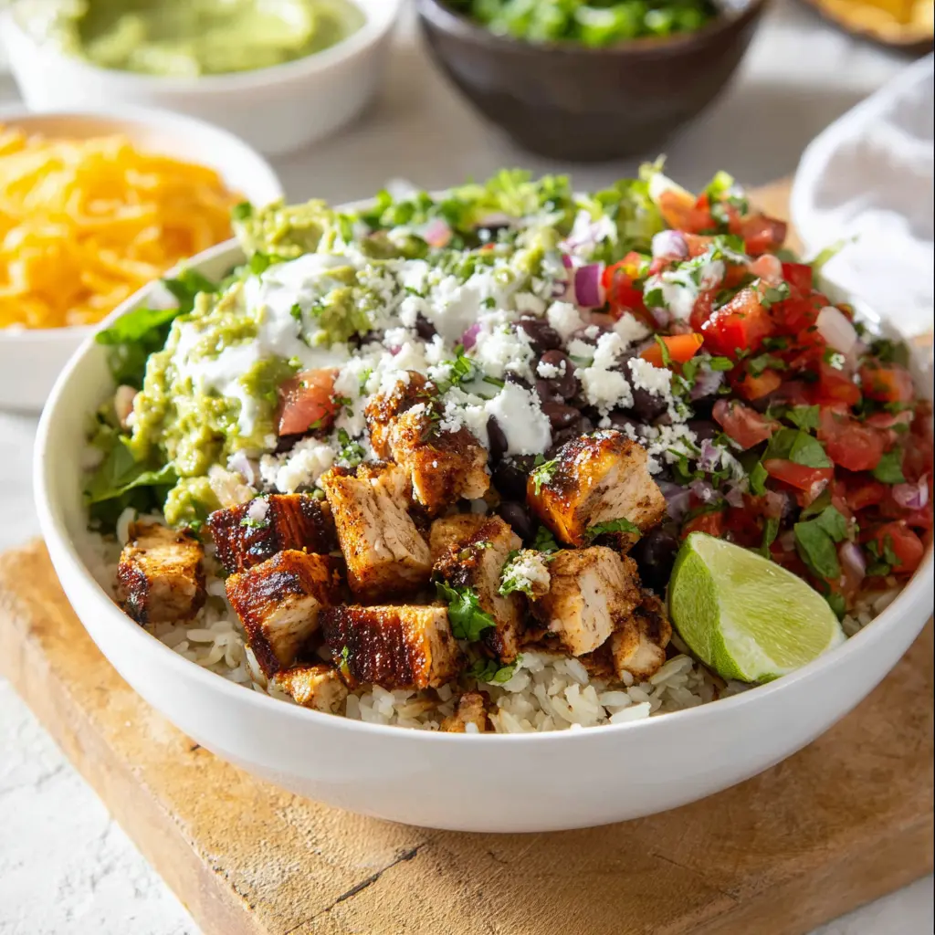 Chipotle Chicken Bowl recipe, served and ready to eat, easy homemade dinner
