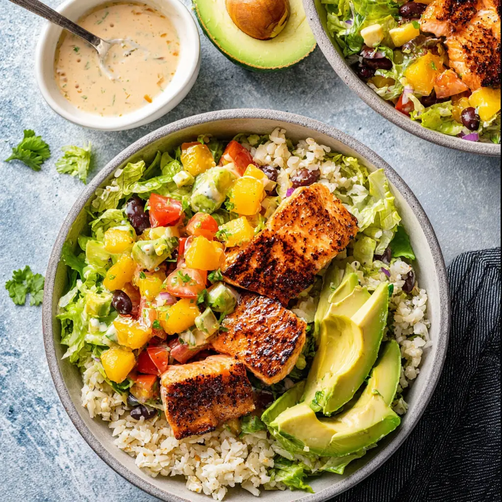 Chipotle Honey Salmon Bowl recipe, served and ready to eat, easy homemade dinner