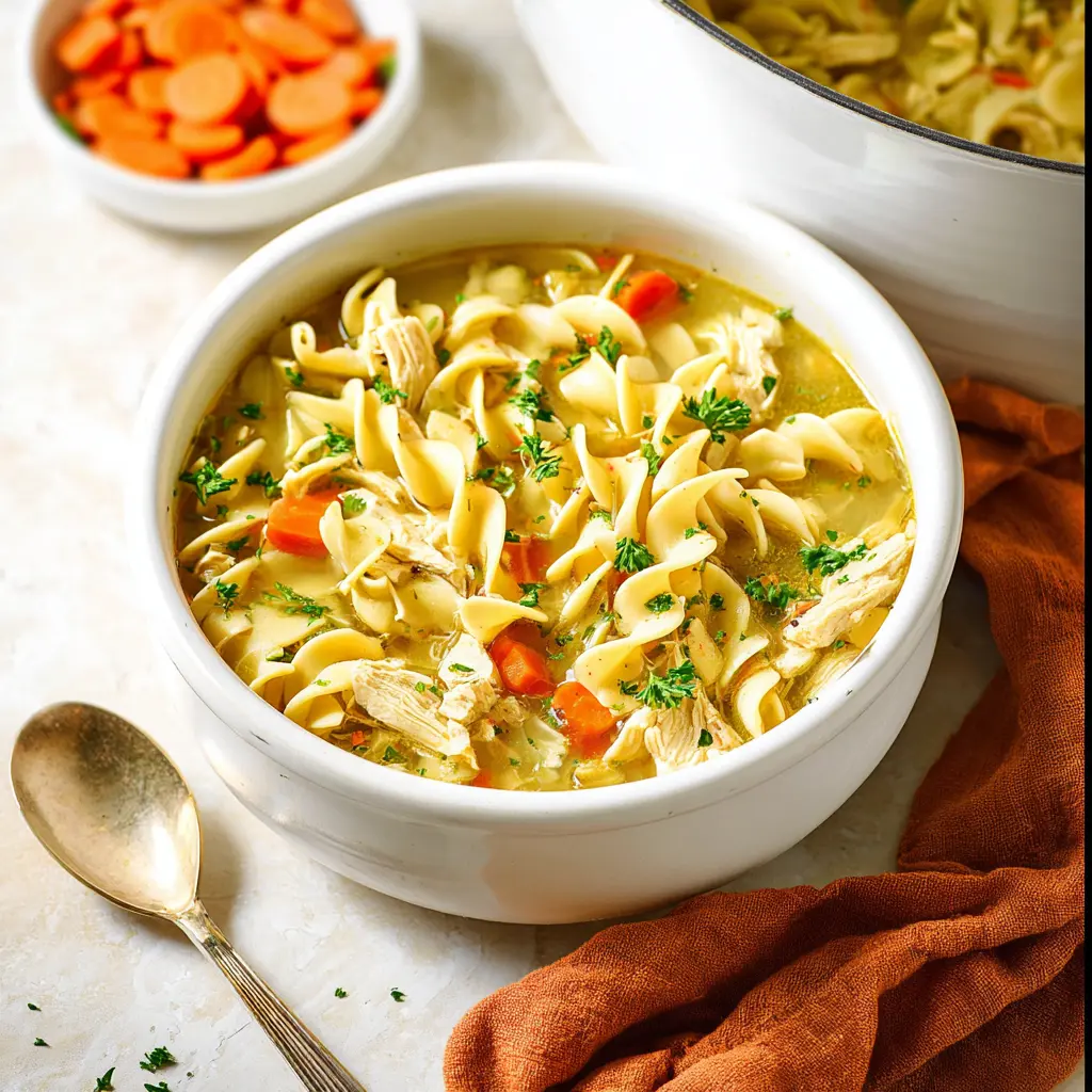Copycat Panera Chicken Noodle Soup recipe, served and ready to eat, easy homemade dinner