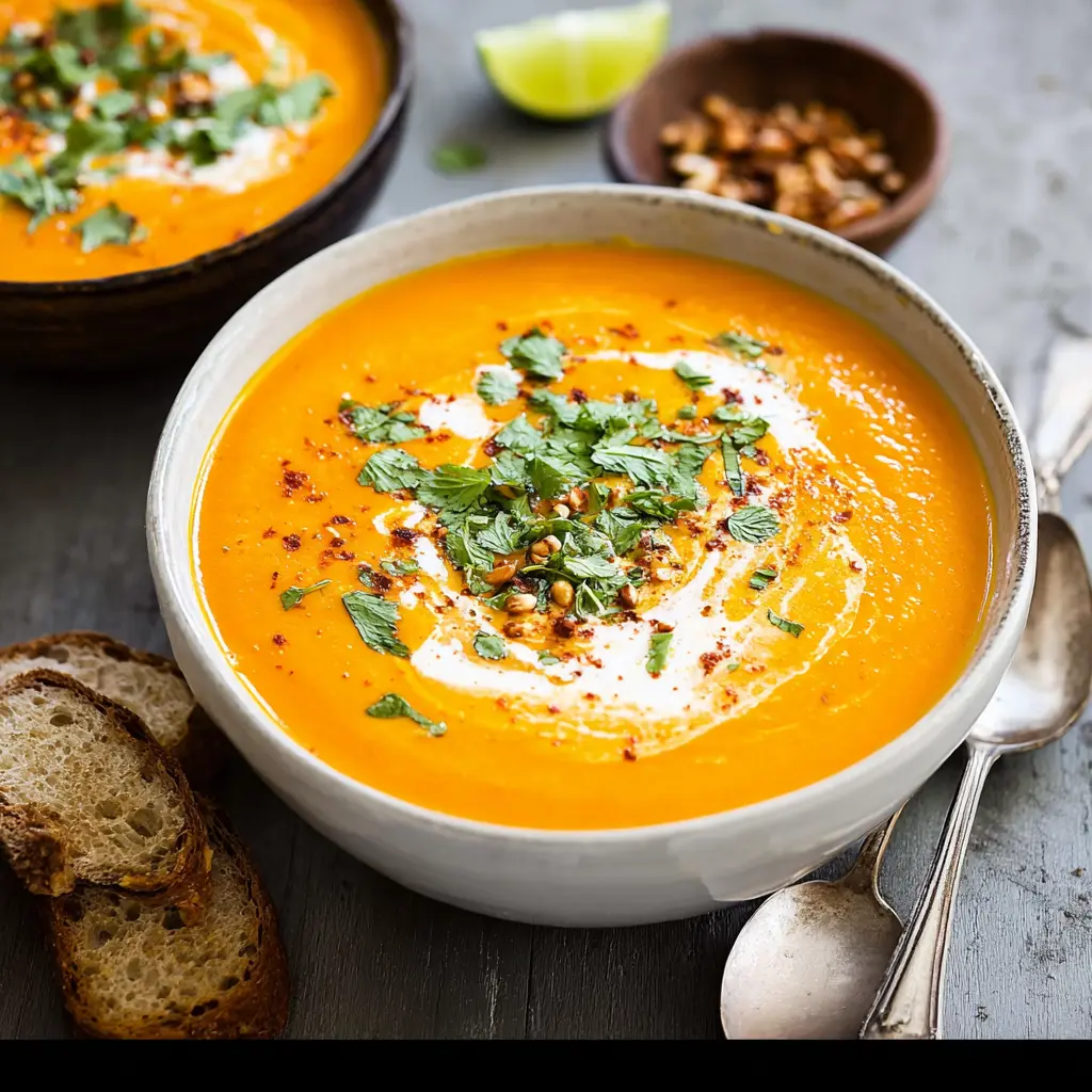 Creamy Thai Carrot Sweet Potato Soup Your Cozy Easy Weeknight 2 Creamy Thai Carrot Sweet Potato Soup recipe, served and ready to eat, easy homemade dinner