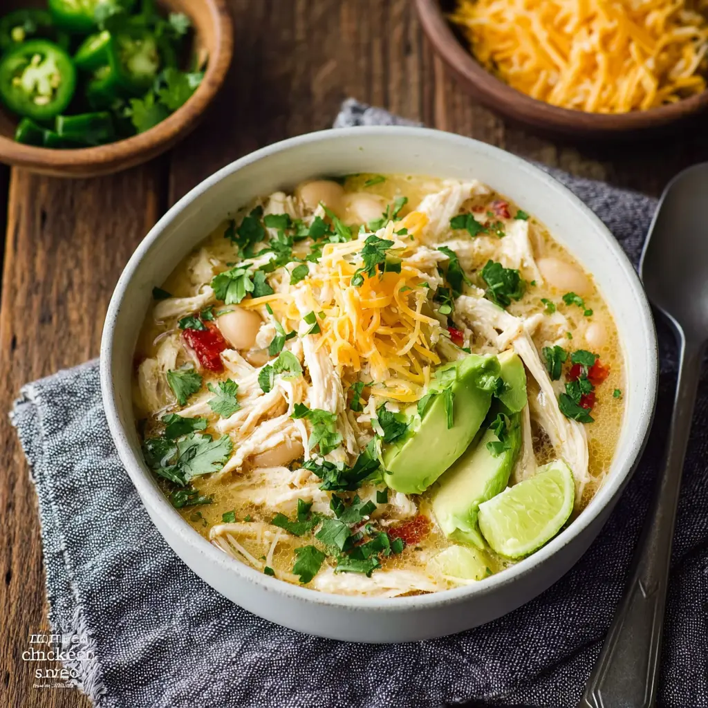 Crockpot White Chicken Chili High Protein recipe, served and ready to eat, easy homemade dinner