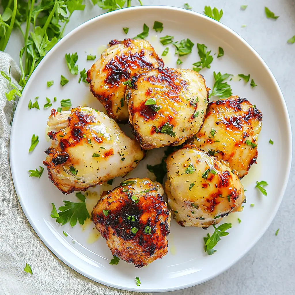 GARLIC BUTTER AIR FRYER CHICKEN THIGHS recipe, served and ready to eat, easy homemade dinner