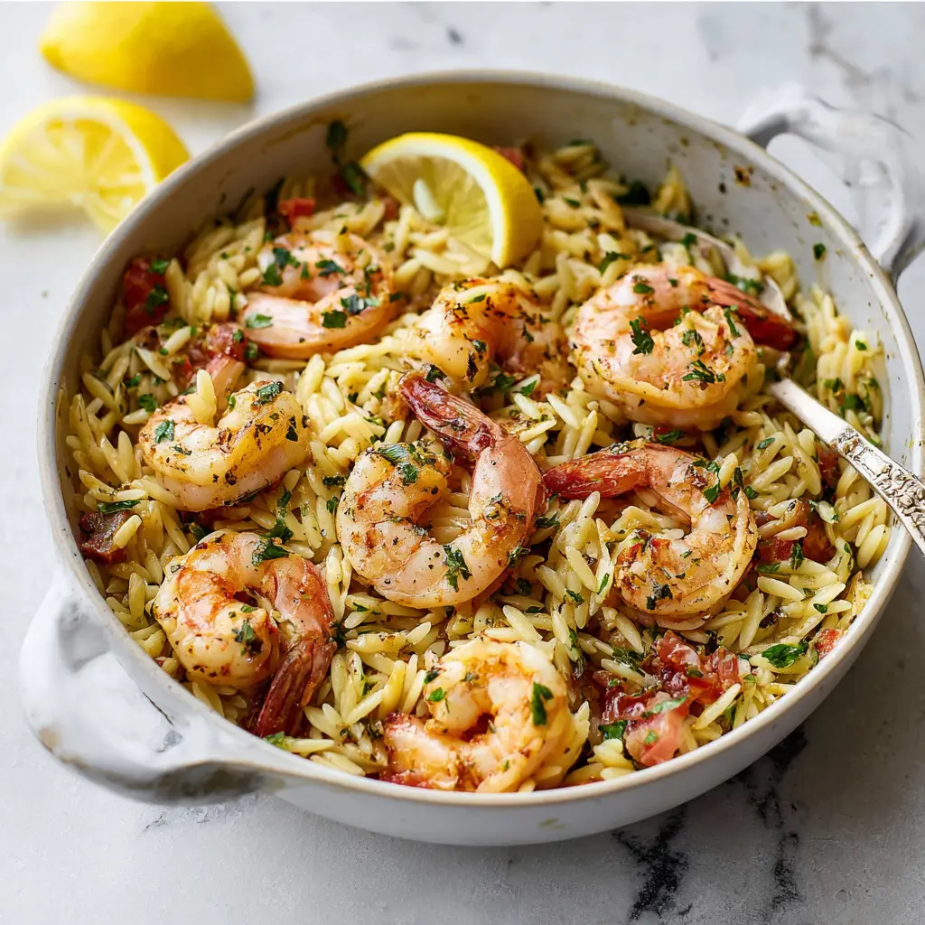 Garlic Butter Shrimp Orzo Bowl recipe, served and ready to eat, easy homemade dinner