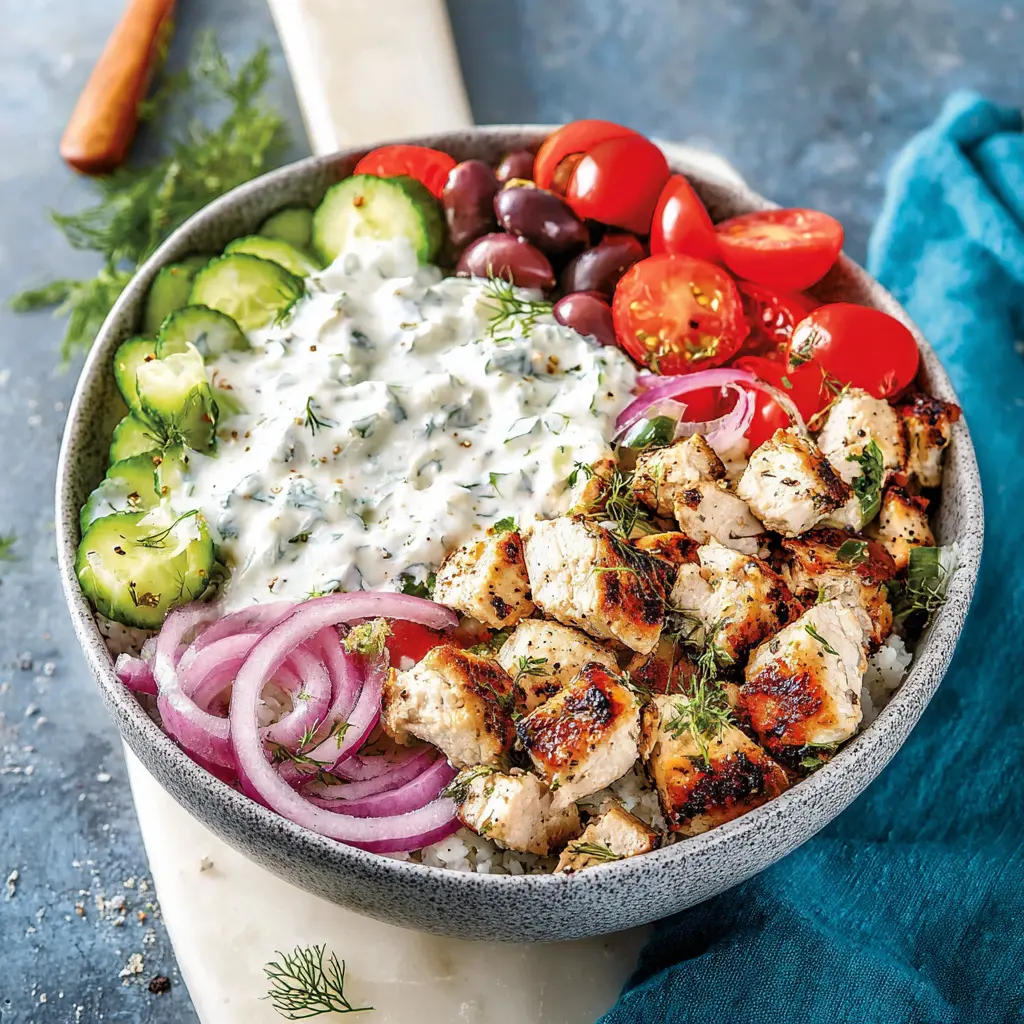 Greek Chicken Bowl Tzatziki recipe, served and ready to eat, easy homemade dish