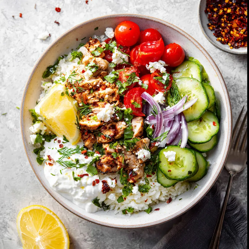 Greek Ground Chicken Bowl recipe, served and ready to eat, easy homemade dish
