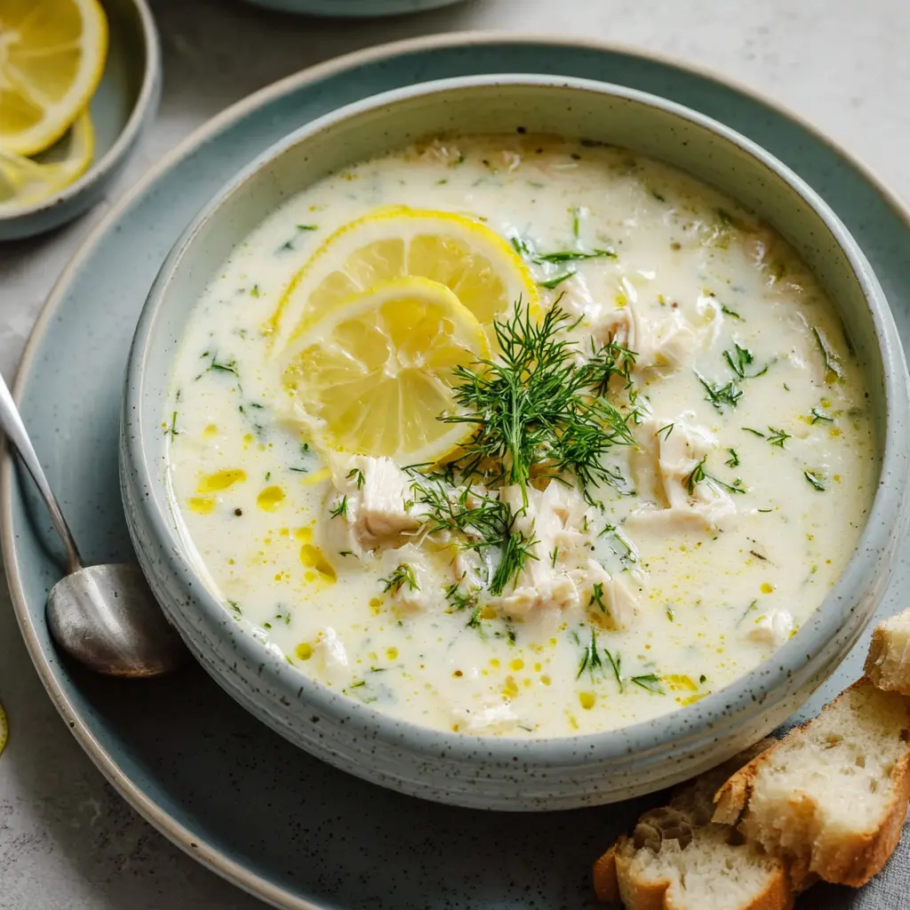 Greek Lemon Chicken Soup Avgolemono recipe, served and ready to eat, easy homemade dinner