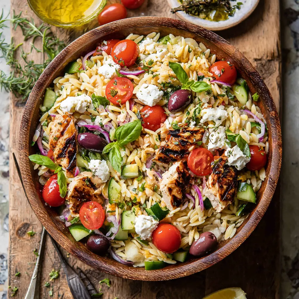 Greek Orzo Salad with Chicken recipe, served and ready to eat, easy homemade dinner