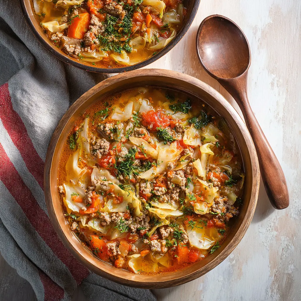 Ground Beef Cabbage Soup recipe, served and ready to eat, easy homemade dinner