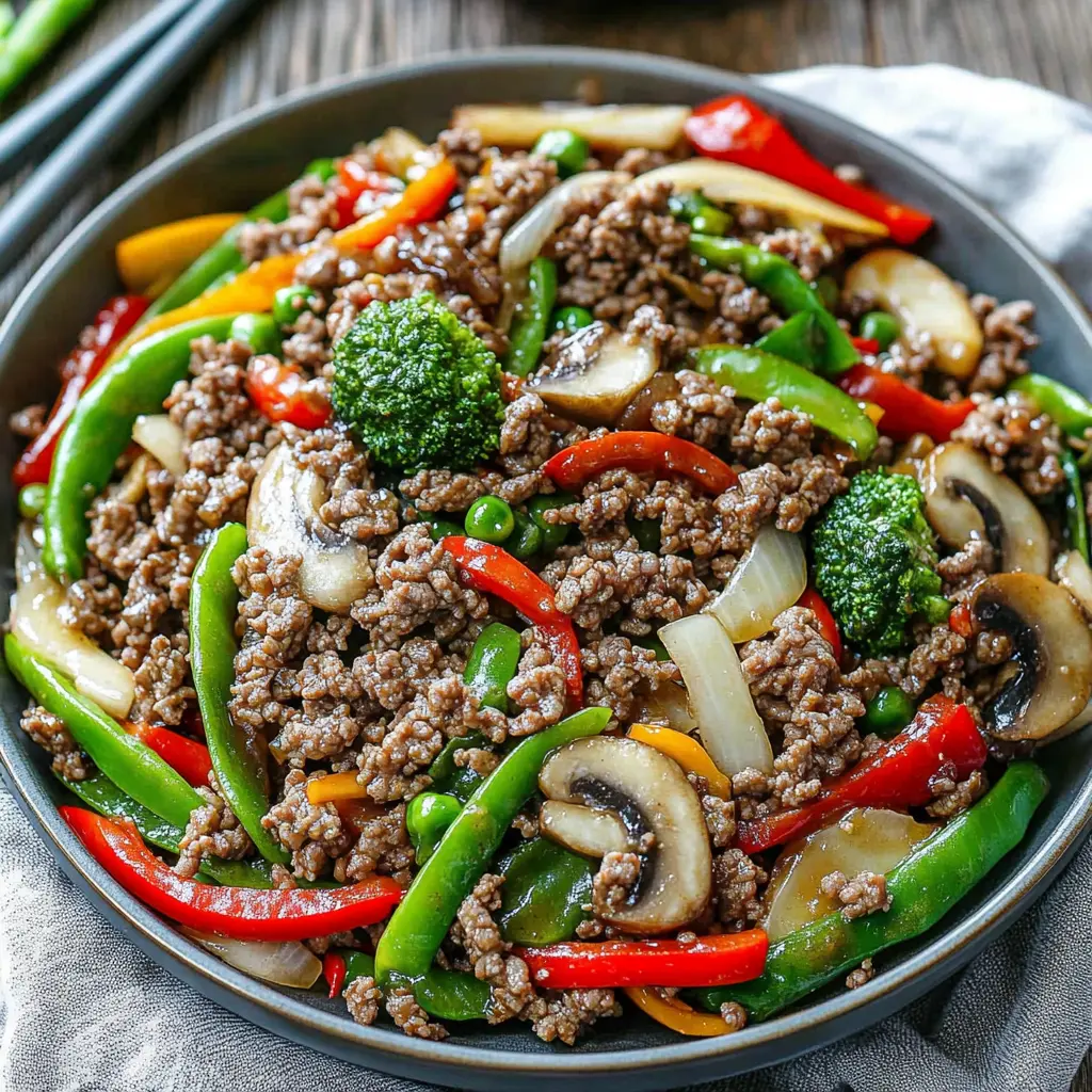 Ground Beef Stir Fry Vegetables recipe, served and ready to eat, easy homemade dinner