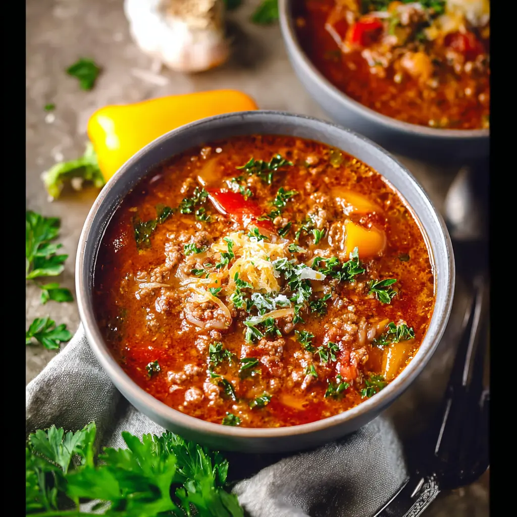 Ground Beef Stuffed Pepper Soup recipe, served and ready to eat, easy homemade dinner