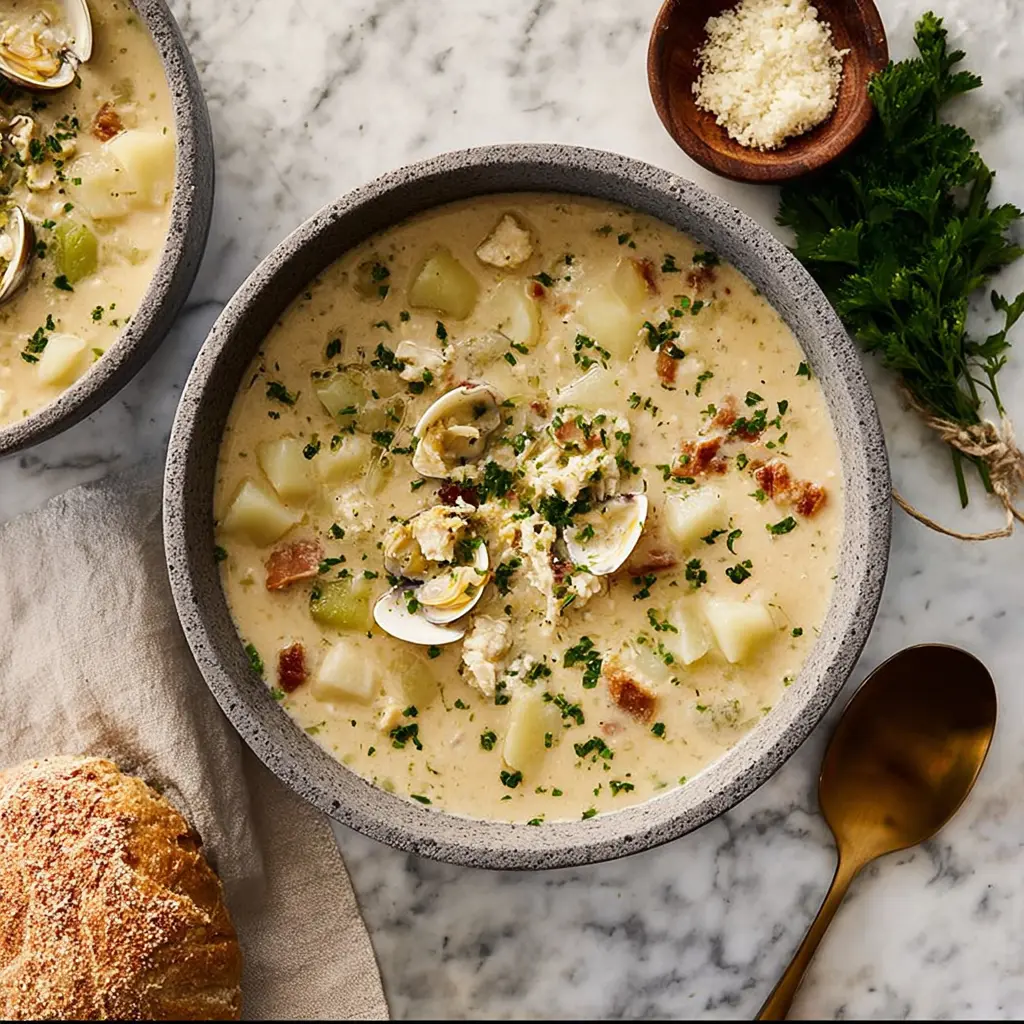 HEALTHY COPYCAT CLAM CHOWDER recipe, served and ready to eat, easy homemade dinner