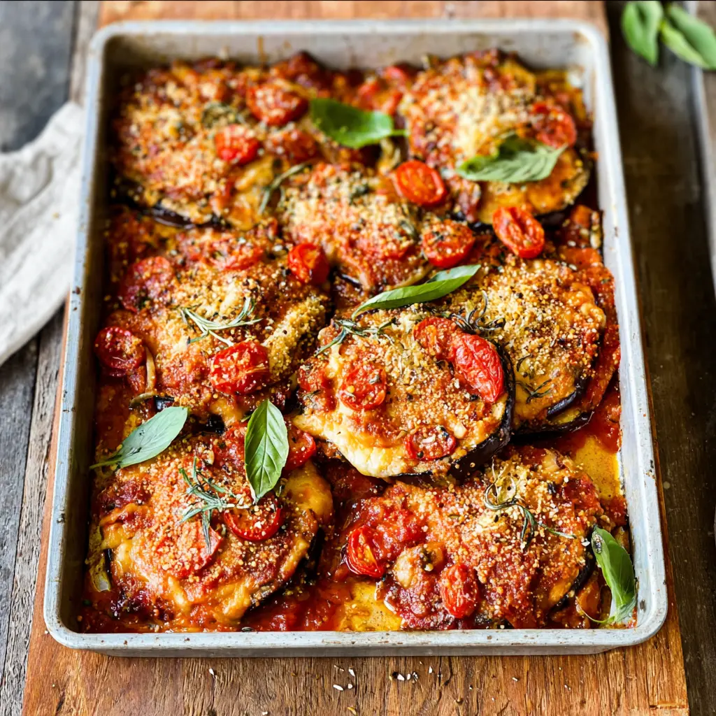 Healthy Sheet Pan Eggplant Parmesan recipe, served and ready to eat, easy homemade dinner