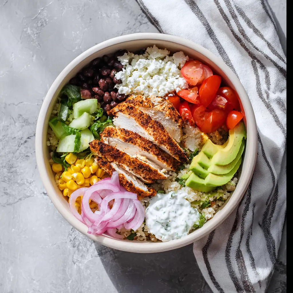 High Protein Chicken Bowl recipe, served and ready to eat, easy homemade dinner