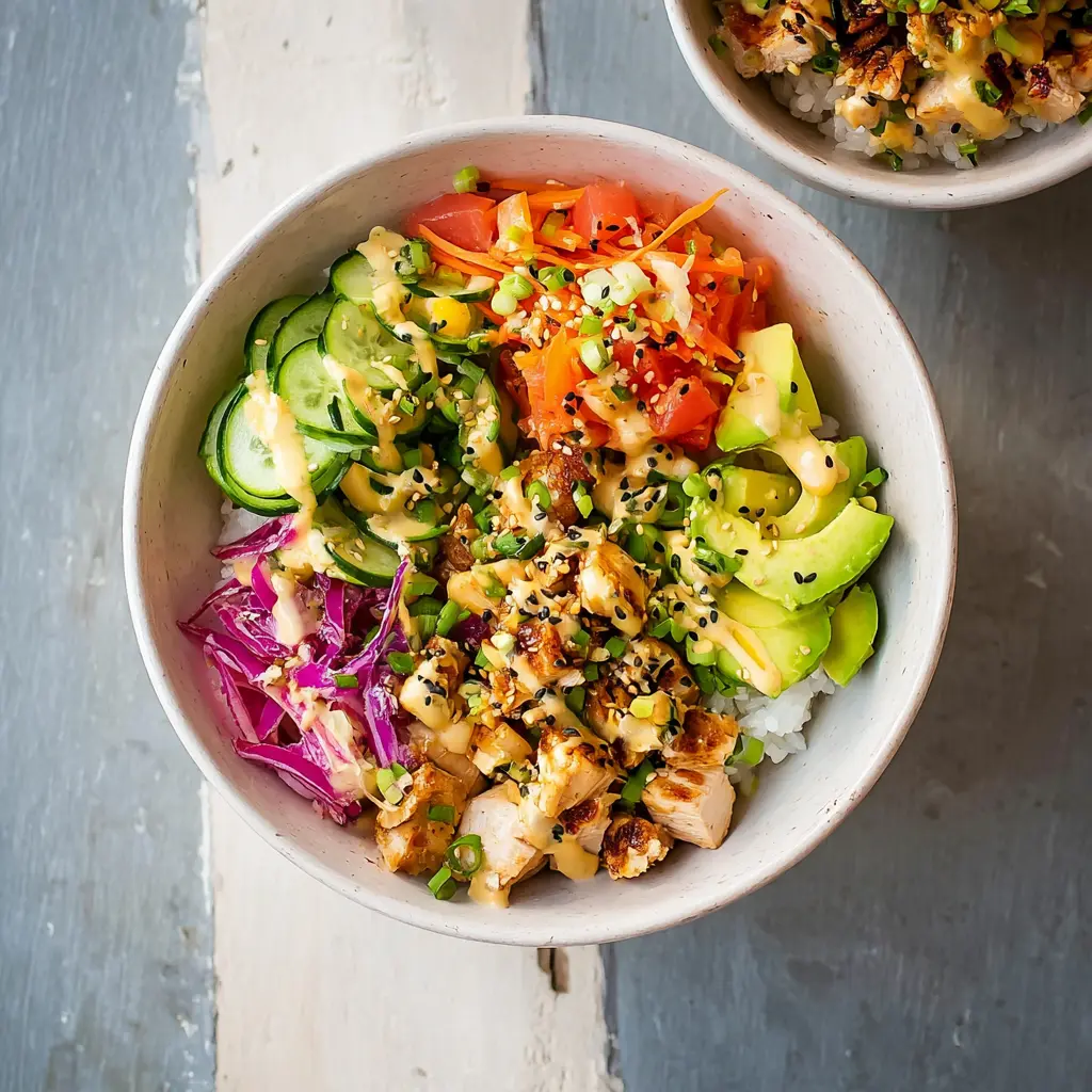 High Protein Chicken Poke Bowl recipe, served and ready to eat, easy homemade dinner