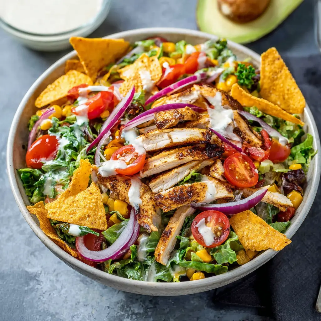 High Protein Chicken Taco Salad Bowl Made Fresh and Satisfying 2 High Protein Chicken Taco Salad Bowl recipe, served and ready to eat, easy homemade dinner