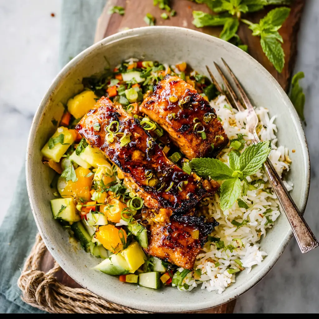 Honey Garlic Salmon Bowl Ginger Rice Your New Favorite Meal 2 Honey Garlic Salmon Bowl Ginger Rice recipe, served and ready to eat, easy homemade dinner