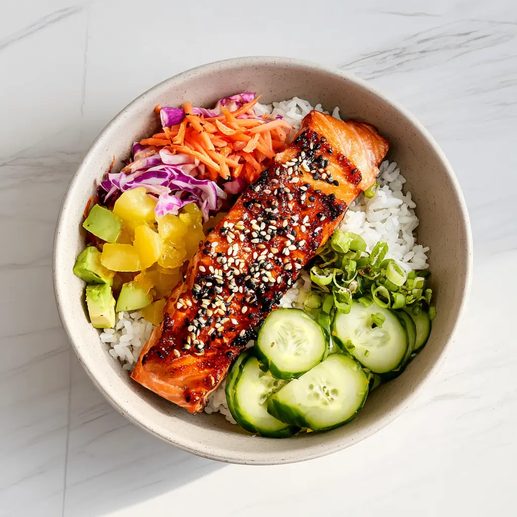 HOT HONEY CRISPY SALMON BOWL recipe, served and ready to eat, easy homemade dinner