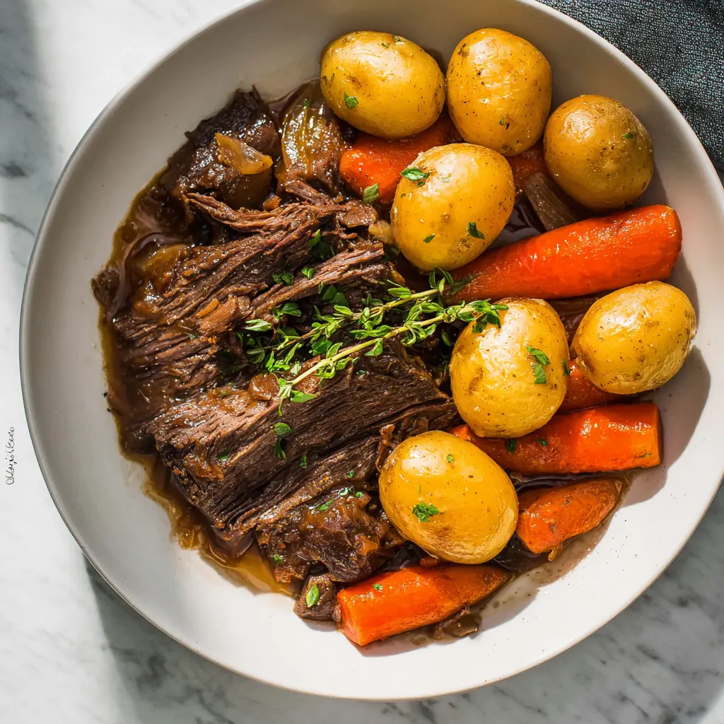 Instant Pot Pot Roast recipe, served and ready to eat, easy homemade dinner