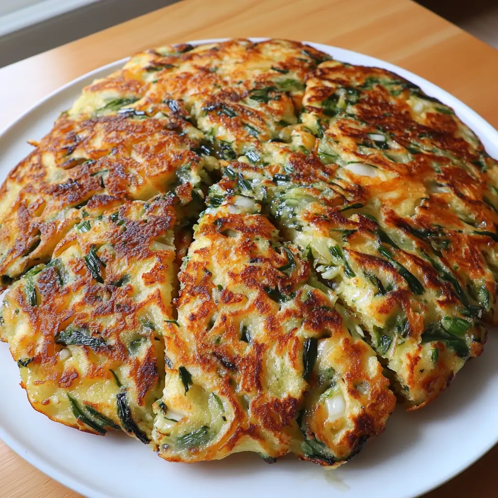 Korean Garlic Chive Pancakes Comforting Crispy Recipe Now 2 KOREAN GARLIC CHIVE PANCAKES recipe, served and ready to eat, easy homemade dinner
