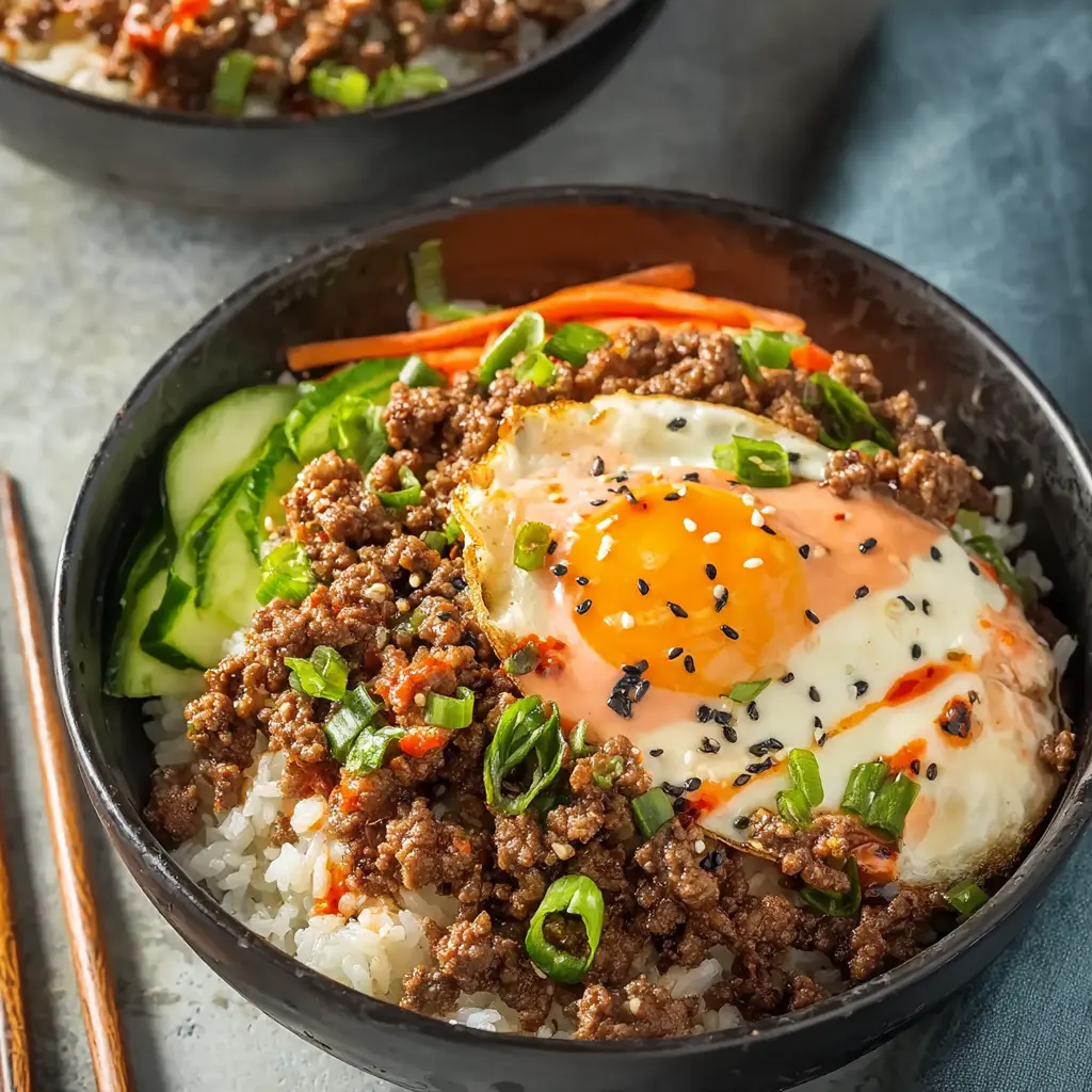 Korean Ground Beef Rice Bowl recipe, served and ready to eat, easy homemade dinner