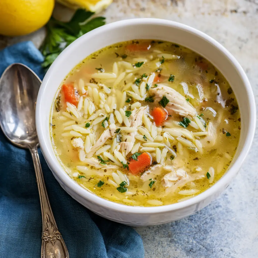 Lemon Chicken Orzo Soup recipe, served and ready to eat, easy homemade dinner